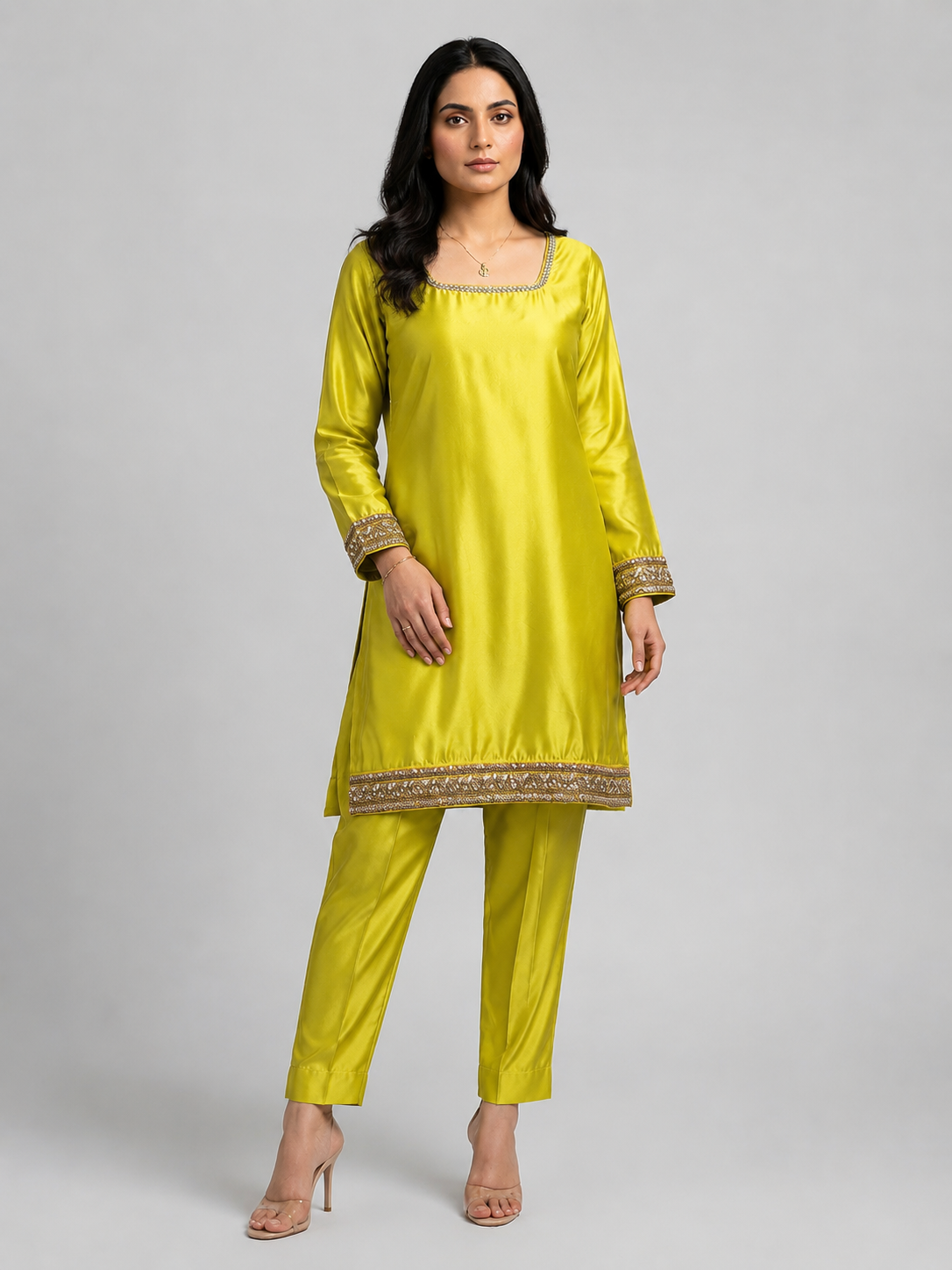 Lime Green Embellished 2-Piece Silk Suit