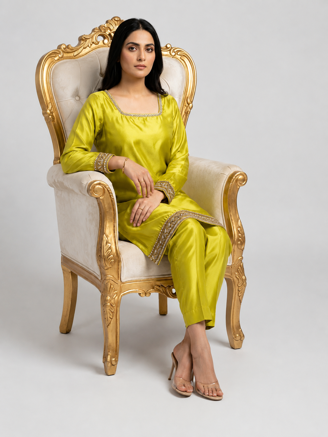Lime Green Embellished 2-Piece Silk Suit - Image 2